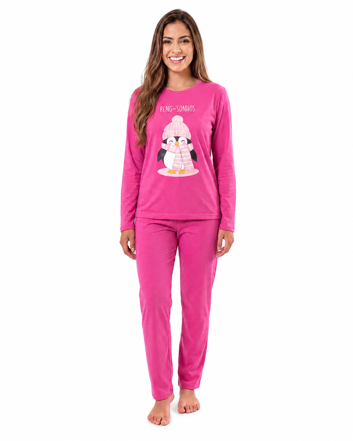 Pijama longo feminino pink estampa pinguim