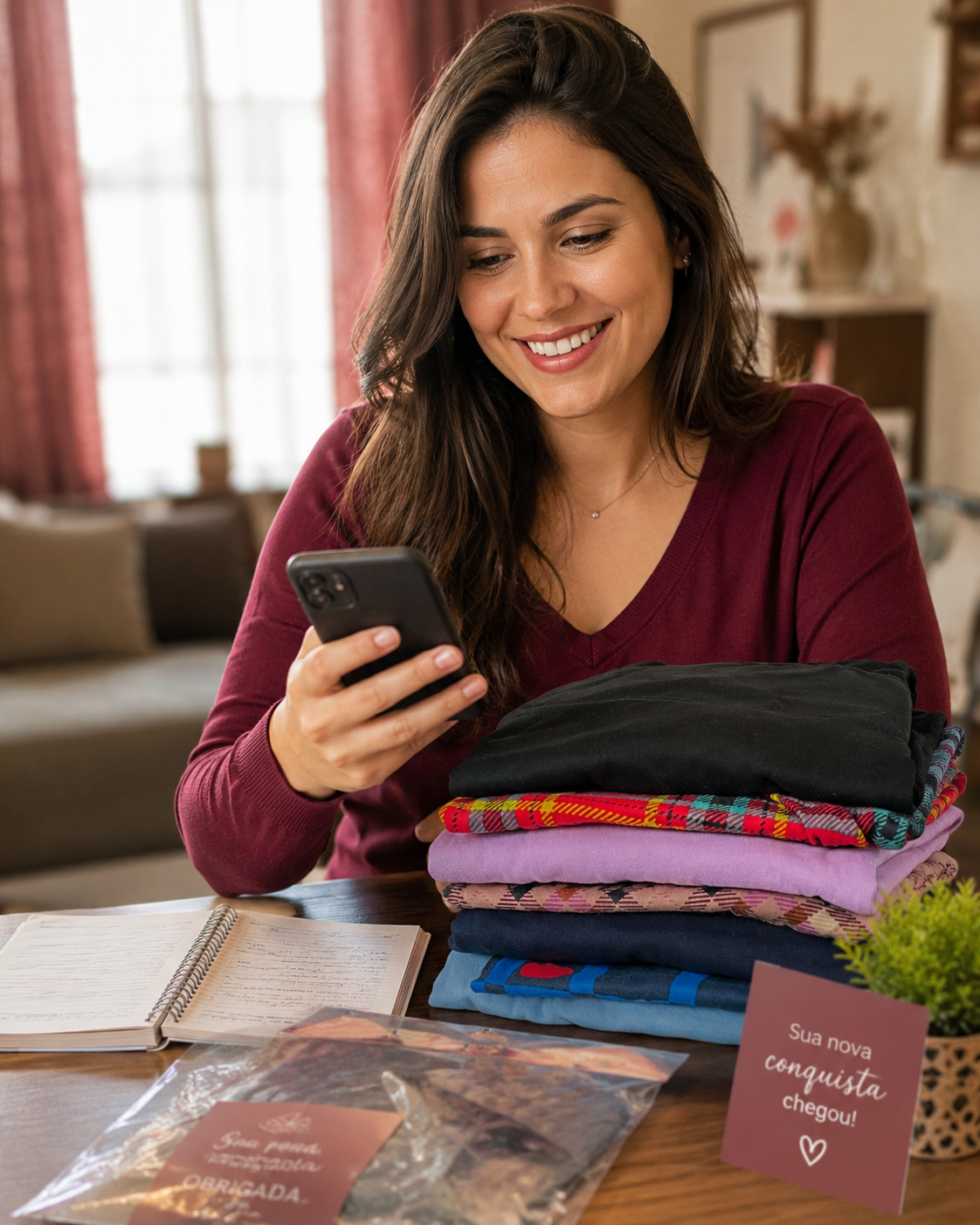 Revendedora Feminnita vendendo pijamas pelo celular em casa